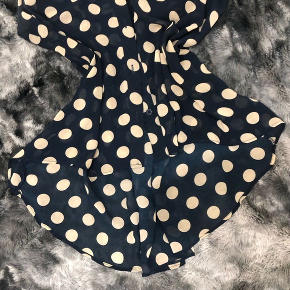 CHIFFON DARK BLUE BLACK YELLOW BUTTON UP HIGH LOW POLKA DOT TANK - Picture 5 of 8